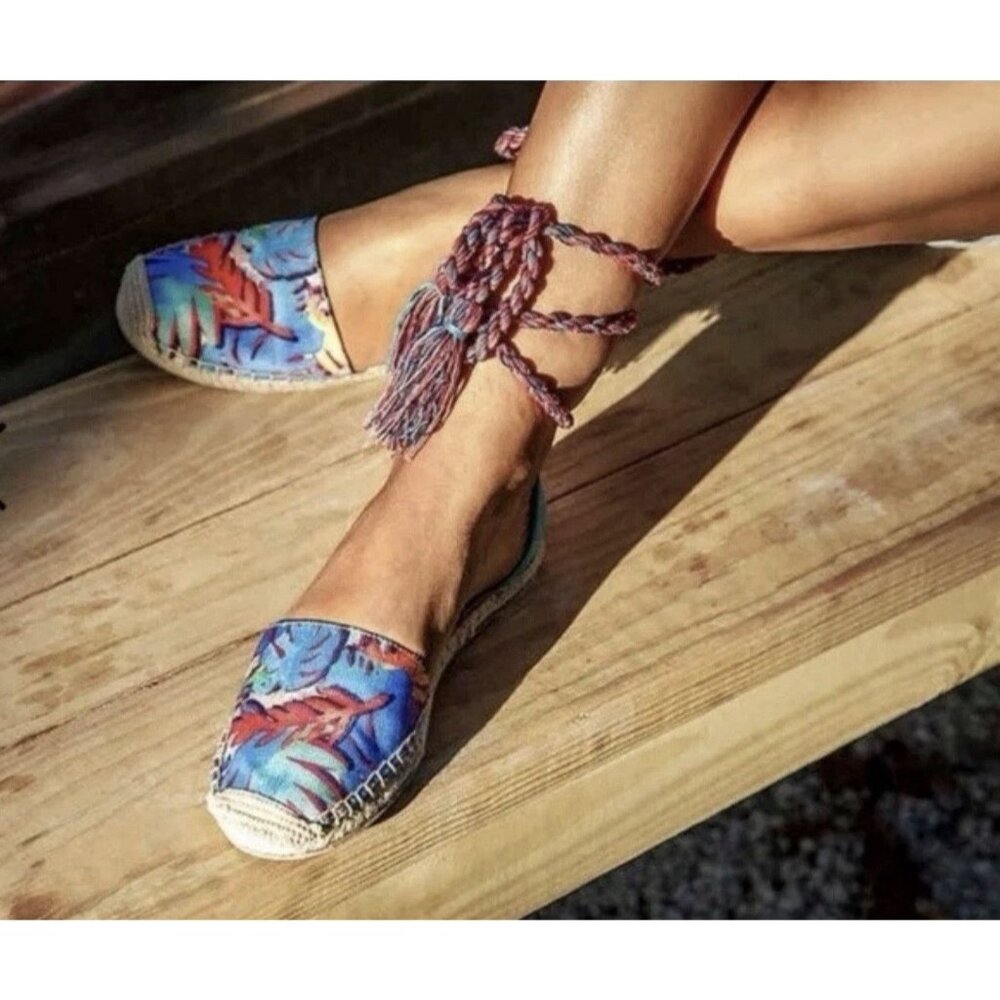 Circus Sam Edelman Boho Espadrille 8.5M Tropical Print Ankle Tie Tassel Festival